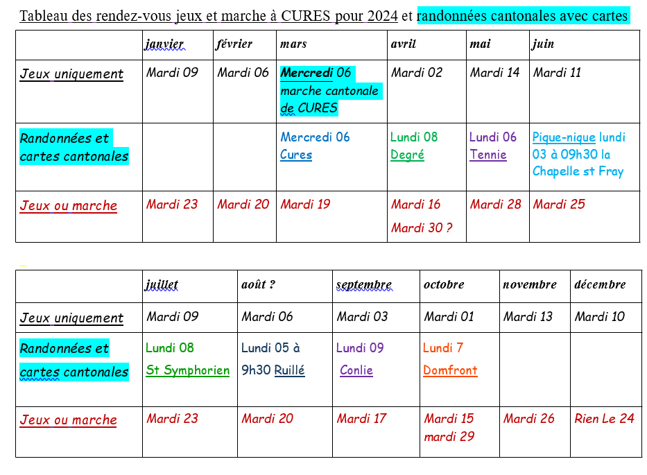 Tableau des rendez vous jeux et marche a cures pour 2024